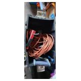 Bin of tools electric drill saw caulking gun
