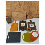Asst wood, plastic cutting boards, knife block,