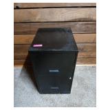 Black two-drawer filing cabinet, 25 by 14 x 18 in.