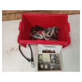 Small plastic storage tub, bungee cord, asst