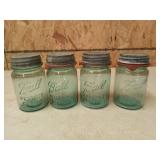 4 Ball blue glass pint jars w/ zinc & milk glass