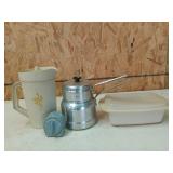 Tupperware pitcher, comet aluminum double boiler,