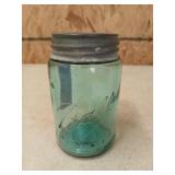 Ball blue glass paint jar w/ zinc & milk glass lid