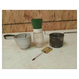 Antique nut chopper, sifters, meat thermometer