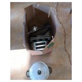 Box of baking supplies, includes a toaster, and a