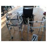 3 walkers and a wheelchair, with accessories