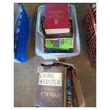 Plastic tub and cardboard box full of books,