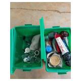 Two green totes with contents, includes glass