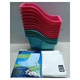 12 plastic book bins, flour sack towels,