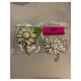 Vintage white flower brooch,  both metal
