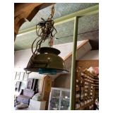Artsy hanging light. Enamel colander, and blue
