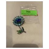 Blue rhinestone flower brooch
