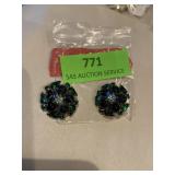 Mid-century blue and green pinwheel clip earrings