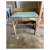 Wood bench with green padded seat, 17 x 19 x 12