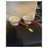 Enamelware, red and white sauce pans. 6 1/4
