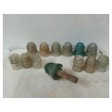 13 glass insulators of various sizes, includes