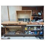 Homemade wooden workbench with shelves, Shop-Vac