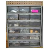 Plastic 18 bin organizer w/ contents 19x15x7