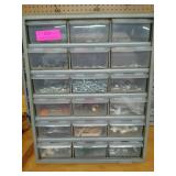 Plastic 18 bin organizer w/ contents 19x15x7