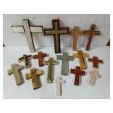 16 handmade wooden crosses, 6 to 14 in
