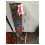 Three kids fishing poles, one is new in package