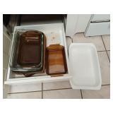 Asst glass bakeware, CorningWare enameled pan