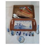 Wooden serving tray with Holland scene, Asian