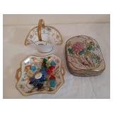 Ceramic candy dish w/ glass candy, basket,