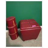 Three nesting containers, and a red ottoman, 16x