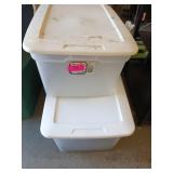 Two plastic storage totes, one has kids toys in it