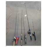 Six assorted fishing poles, two are for children