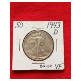 1943 D walking liberty half dollar VF
