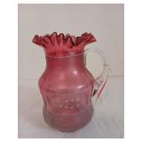 Cranberry glass hand-painted pitcher 10 x 7