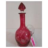 Cranberry cut glass decanter 12"