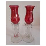 Pair of 3 pc cranberry glass candle holders 13"