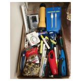 Flat of assorted household goodies, scissors,