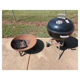 Weber charcoal grill and metal wok-type fire pit