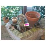Assorted planters, garden figurine, outdoor decor