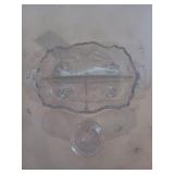 Footed glass relish tray, glass pickle jar