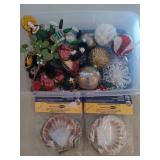 Plastic tub of assorted Christmas ornaments,