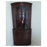 Walnut corner hutch w/ curved glass 73 x 36 x 16