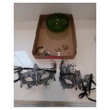 Two wire masquerade masks, loose jewelry, and a