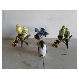Four Lefton bird figurines, parakeets, blue jay,