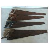 Four hand saws, 26 in, 3 have wooden handles