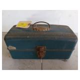 Blue metal fishing tackle box with built-in