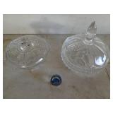 Two glass candy dishes and an Austria paperweight