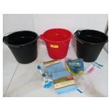 Three 9 inch mop buckets, and assorted new