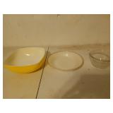 A square yellow Pyrex hostess bowl, an Anchor