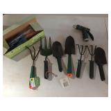 Assorted gardening hand tools, most are new