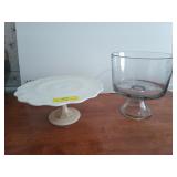 A milk glass cake stand, 5x12 in, and a glass
